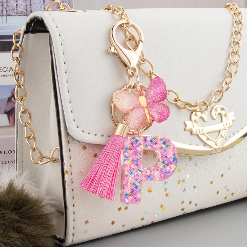 Suweibuke Cute Pink Key Chains for Women Girls, Initial Letter Keychains with Tassel, Charms for Key Purse Handbags Backpacks - Image 3